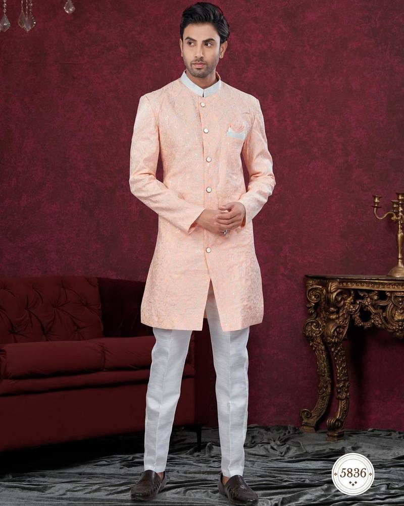 Full computer embroidery with silver thread indowestern sherwani set with thread, stone work & fancy botton