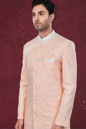 Full computer embroidery with silver thread indowestern sherwani set with thread, stone work & fancy botton