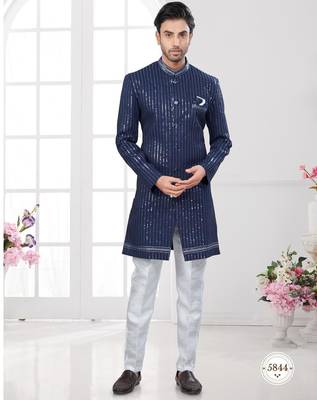 Full computer embroidery with silver thread indowestern sherwani set with thread, stone work & fancy botton 1