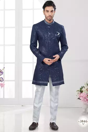Full computer embroidery with silver thread indowestern sherwani set with thread, stone work & fancy botton