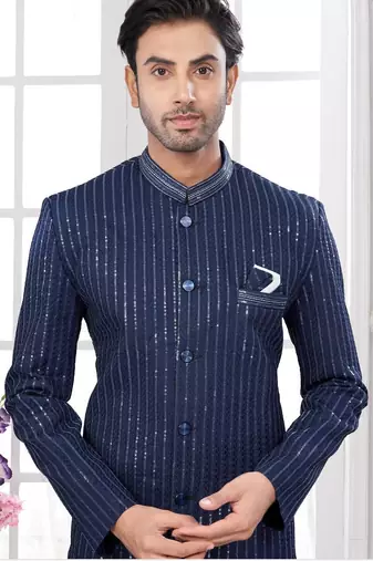 Full computer embroidery with silver thread indowestern sherwani set with thread, stone work & fancy botton