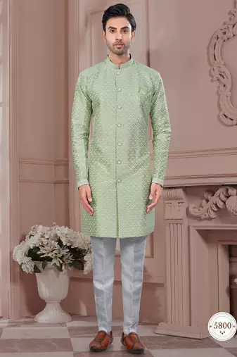Full computer embroidery, indowestern sherwani set with star, thread, stonework & fancy botton