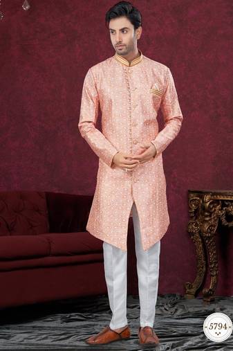 Full computer embroidery, with degital printed indowestern sherwani set with thread, stone work & fancy botton