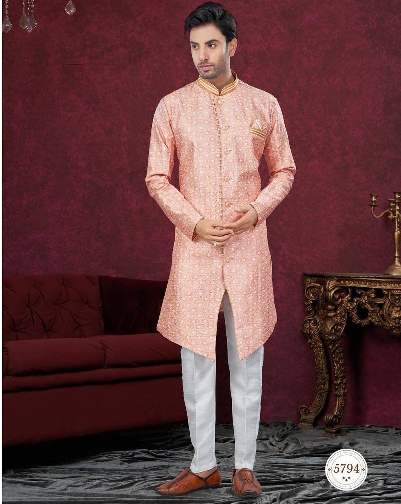 Full computer embroidery, with degital printed indowestern sherwani set with thread, stone work & fancy botton