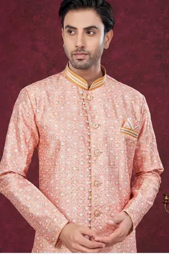 Full computer embroidery, with degital printed indowestern sherwani set with thread, stone work & fancy botton
