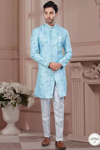 Full computer embroidery, with degital printed indowestern sherwani set with thread, stone work & fancy botton