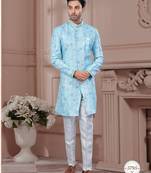 Full computer embroidery, with degital printed indowestern sherwani set with thread, stone work & fancy botton