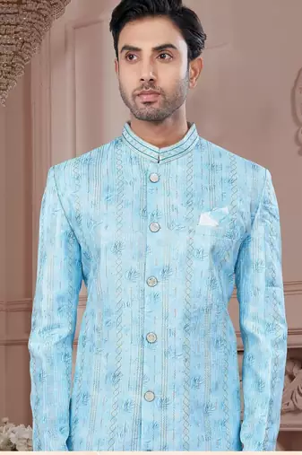Full computer embroidery, with degital printed indowestern sherwani set with thread, stone work & fancy botton