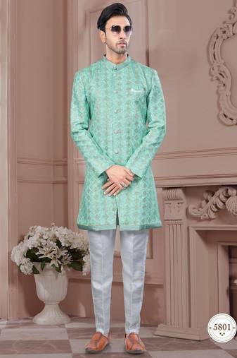 Full computer embroidery, with degital printed indowestern sherwani set with thread, stone work & fancy botton