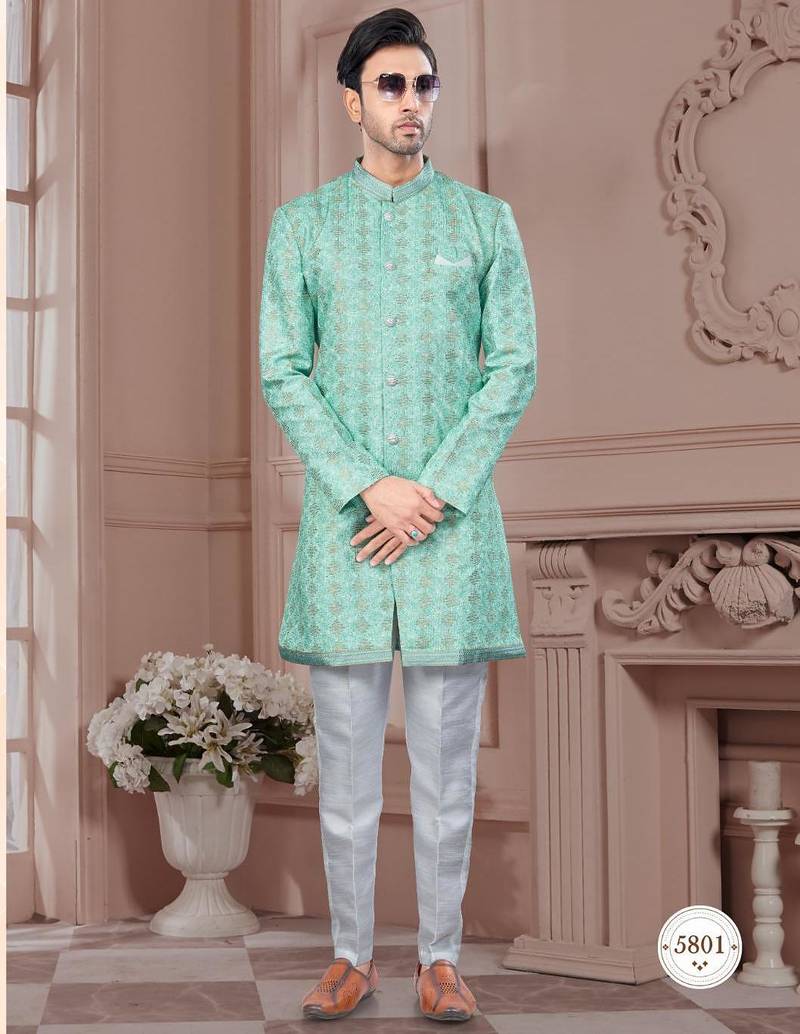 Full computer embroidery, with degital printed indowestern sherwani set with thread, stone work & fancy botton