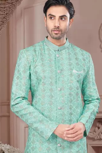 Full computer embroidery, with degital printed indowestern sherwani set with thread, stone work & fancy botton