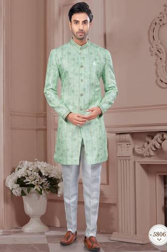 Full computer embroidery, with degital printed indowestern sherwani set with thread, stone work & fancy botton