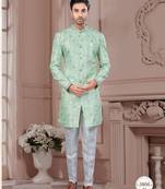 Full computer embroidery, with degital printed indowestern sherwani set with thread, stone work & fancy botton