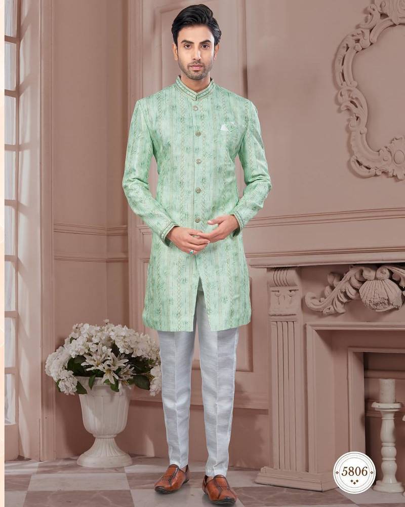 Full computer embroidery, with degital printed indowestern sherwani set with thread, stone work & fancy botton