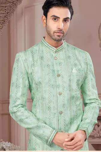 Full computer embroidery, with degital printed indowestern sherwani set with thread, stone work & fancy botton