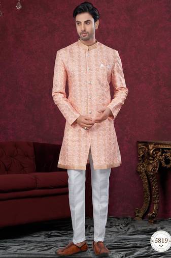 Full computer embroidery, with degital printed indowestern sherwani set with thread, stone work & fancy botton