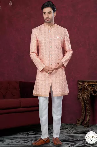 Full computer embroidery, with degital printed indowestern sherwani set with thread, stone work & fancy botton