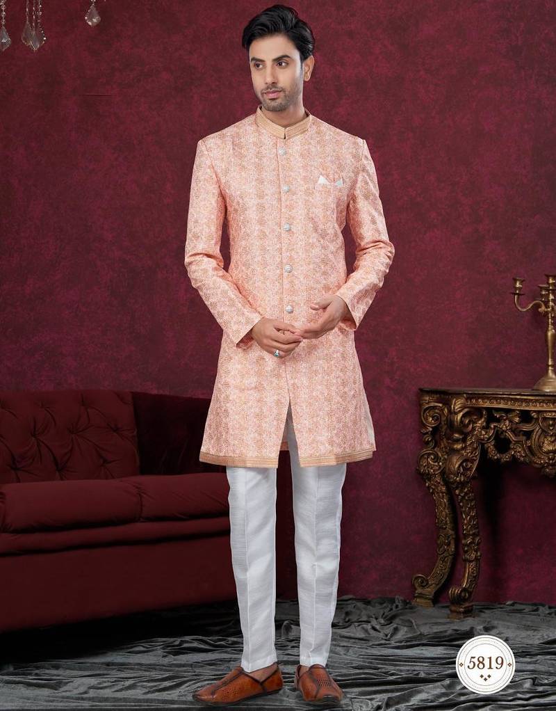 Full computer embroidery, with degital printed indowestern sherwani set with thread, stone work & fancy botton