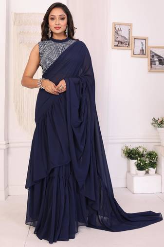 navy blue Georgette Ruffle Style Ready To Wear Saree With Blouse Piece