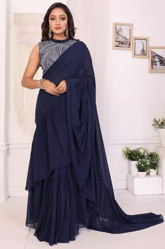 navy blue Georgette Ruffle Style Ready To Wear Saree With Blouse Piece