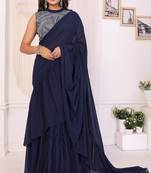 ready to wear navy blue georgette ruffle style saree with blouse piece