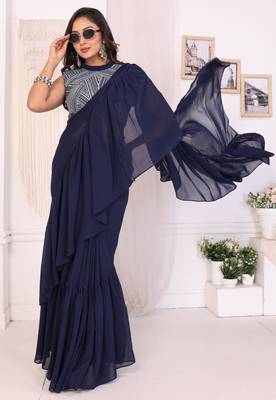 ready to wear navy blue georgette ruffle style saree with blouse piece 2