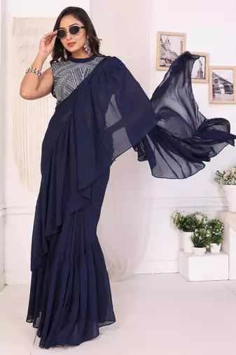 ready to wear navy blue georgette ruffle style saree with blouse piece