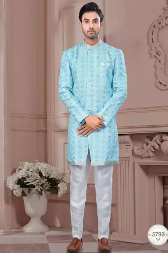 Full computer embroidery, with sheded degital printed indowestern sherwani set with thread, stonework &fancy botton