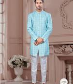 Full computer embroidery, with sheded degital printed indowestern sherwani set with thread, stonework &fancy botton