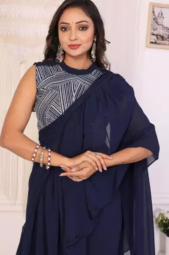 ready to wear navy blue georgette ruffle style saree with blouse piece