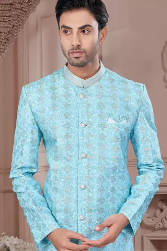 Full computer embroidery, with sheded degital printed indowestern sherwani set with thread, stonework &fancy botton