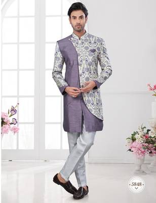 Havy ancale cross style attached indowestern set with degital printed, thread and stone work with fancy botton 1