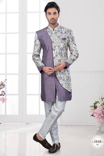 Havy ancale cross style attached indowestern set with degital printed, thread and stone work with fancy botton