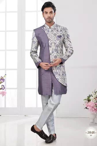 Havy ancale cross style attached indowestern set with degital printed, thread and stone work with fancy botton