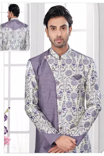 Havy ancale cross style attached indowestern set with degital printed, thread and stone work with fancy botton