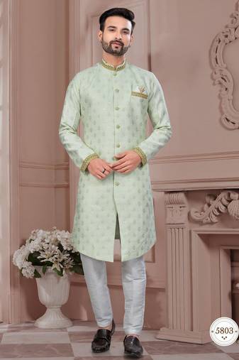 Havy jackard with seqence stone and thread zari & less work with fancy botton sherwani set