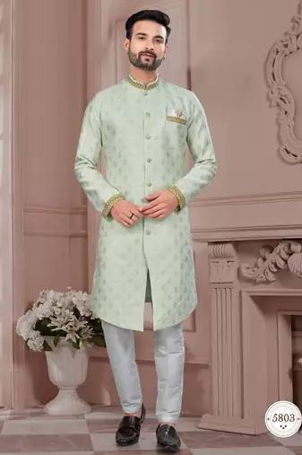Havy jackard with seqence stone and thread zari & less work with fancy botton sherwani set