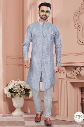 Full computer embroidery, with degital printed indowestern sherwani set with thread, stone work & fancy botton