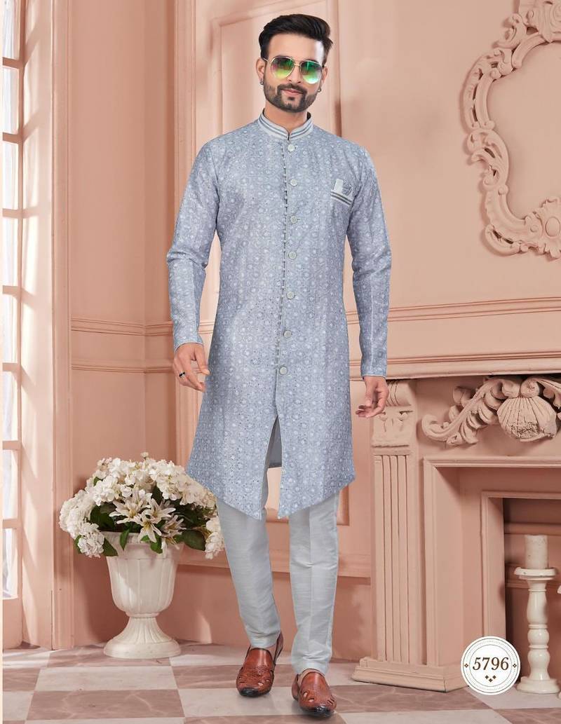 Full computer embroidery, with degital printed indowestern sherwani set with thread, stone work & fancy botton