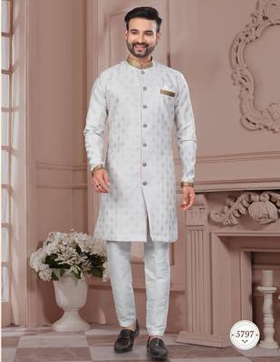 Havy jackard with seqence stone and thread zari work with fancy botton sherwani set 1