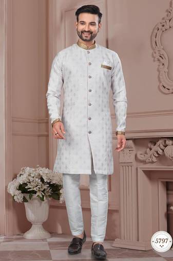 Havy jackard with seqence stone and thread zari work with fancy botton sherwani set