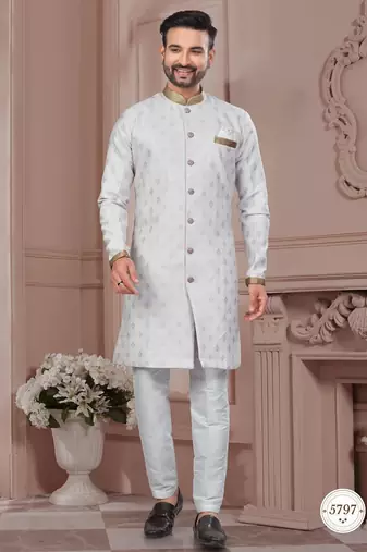 Havy jackard with seqence stone and thread zari work with fancy botton sherwani set