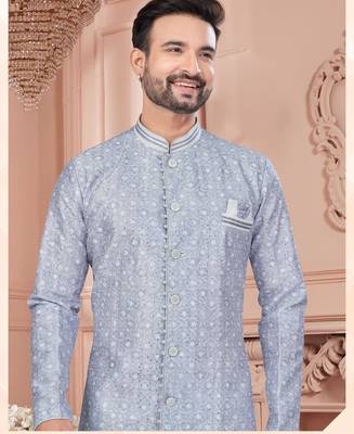Full computer embroidery, with degital printed indowestern sherwani set with thread, stone work & fancy botton 2