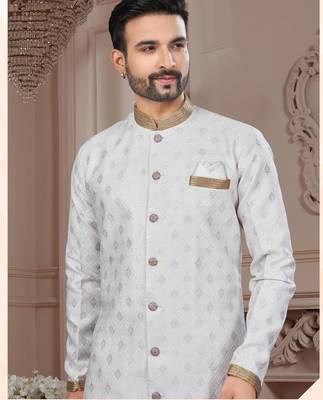 Havy jackard with seqence stone and thread zari work with fancy botton sherwani set 2