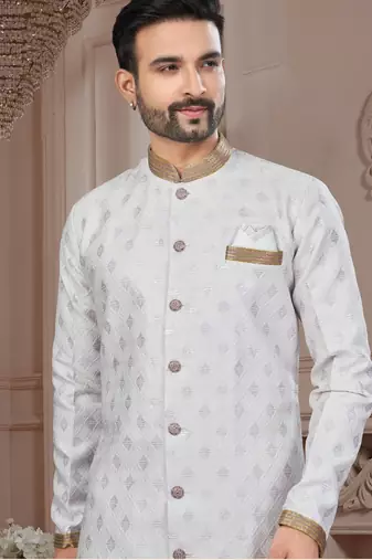 Havy jackard with seqence stone and thread zari work with fancy botton sherwani set