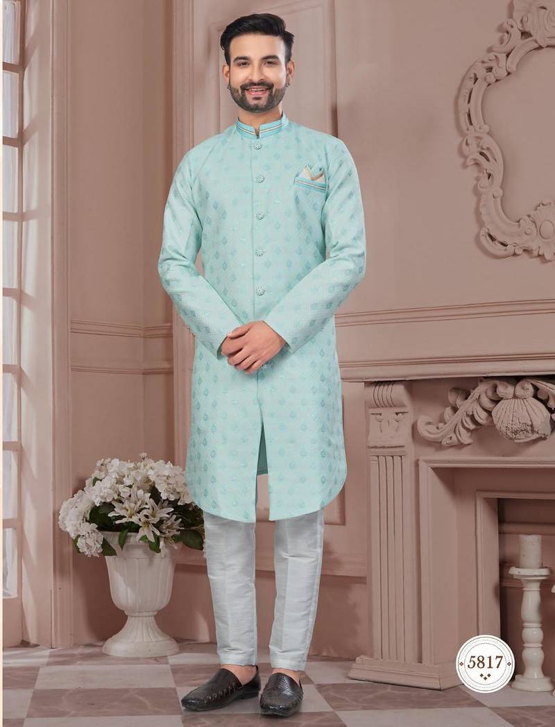 Havy jackard with seqence stone and thread zari work with fancy botton sherwani set