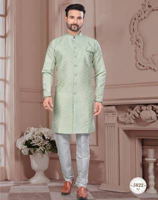 Havy jackard with seqence stone and thread zari work with fancy botton sherwani set 1
