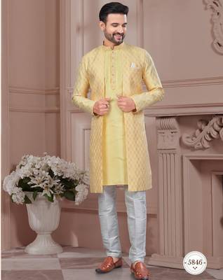 Havy open jacket style attached indowestern set with thread and stone work with potali botton 1