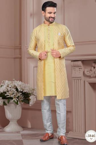 Havy open jacket style attached indowestern set with thread and stone work with potali botton