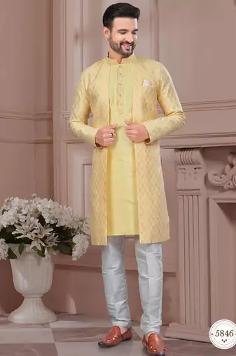 Havy open jacket style attached indowestern set with thread and stone work with potali botton